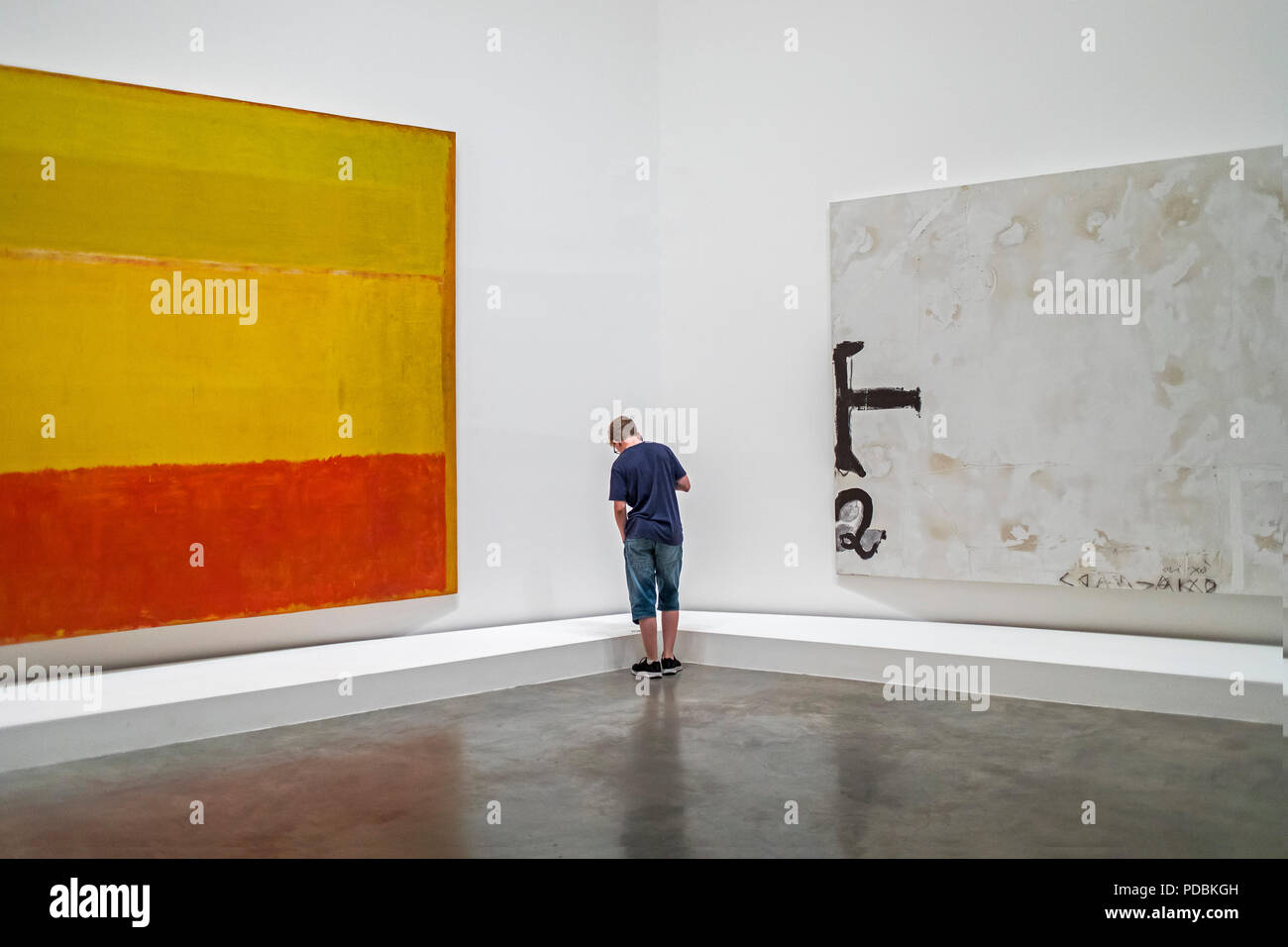 At left Untitled by Mark Rothko. At right `Ambrosia´ by Antoni Tapies, museum collection, Guggenheim Museum,  Bilbao, Spain Stock Photo